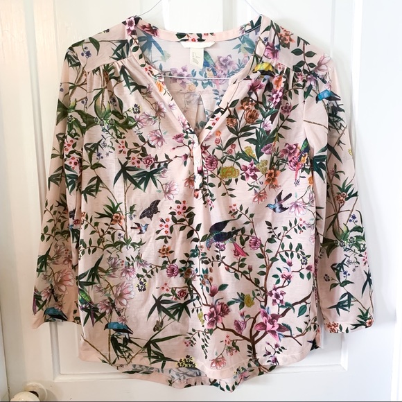 H&M Pink Tropical Bird Floral Blouse Half Sleeves - Picture 1 of 6